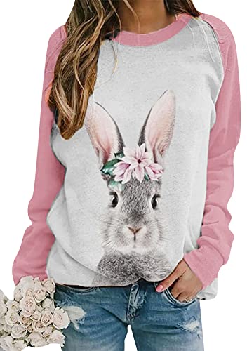 Image of Women's Easter Basic Sweatshirt Crew Neck Long Sleeve Sweatshirt Casual Loose Sweatshirt with Rabbit Print