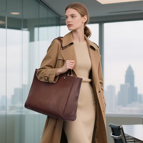 Image of befen Genuine Leather Work Tote Bag for Women with 15 inch Compartment | Real Leather, 15 inch Laptop Sleeve, Trolley Strap, Zipper, Cup Holder