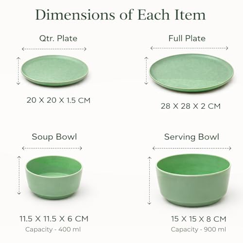 Image of MARKET 99 Green Hammered Melamine Dinner Set of 20 Pcs | 6 Full Plates, 6 Quarter Plates, 6 Soup Bowls & 2 Serving Bowls | Glossy Round Food Safe & Refrigerator Safe Dinnerware Set