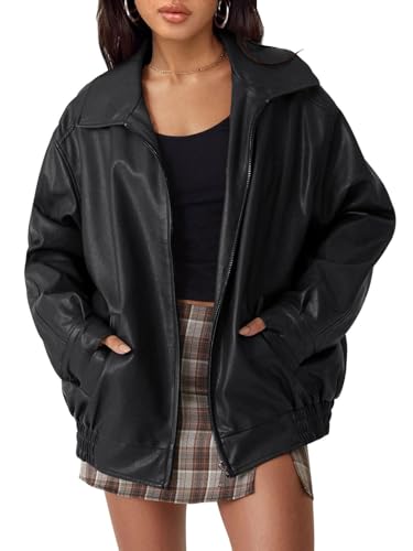 BUNSLOOM Lederjacken Damen Lässig Oversize Mode Reverskragen Jacke Motorradmäntel Y2k Kleidung Reißverschluss Bikerjacke