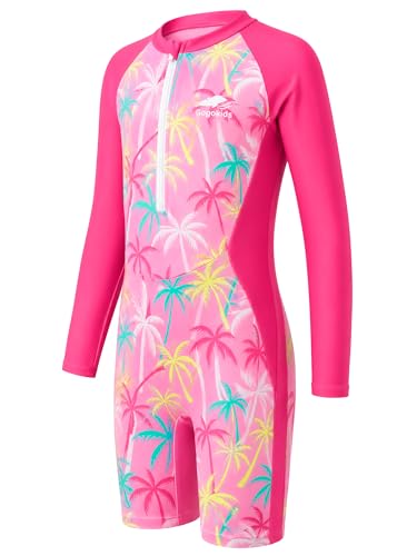 Gogokids Girls Swimsiut Size 9-10 One Piece Rash Guard Suits Bathing Suit Front Zipper Long Sleeve UPF 50+ Sun Protection Swimwear,Hotpink Coconut Tree — view 3