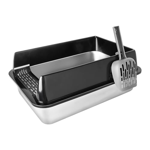 Homewell XXL Offene Katzentoilette Edelstahl, Große Katzenklo für Große Katzen und Kätzchen, mit Schaufel, Leichte Reinigung, Spritzschutz, Offenes Design, Schwarz/Grau (Schwarz, S 50 * 35 * 24 cm)