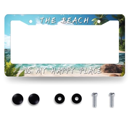 The Beach is My Happy Place License Plate Frame Beach Palm Tree Hawaii License Plate Stainless Steel Colorful Car Accessory Funny License Plate Decoration Size 12.2 x6.2 with Screws