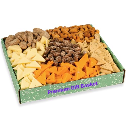 Cheese and Nuts Gift Basket - Gift Basket for Men, Women, Birthday, Includes Cashews, Almonds, Pecans, Jack, Cheddar Cheeses - Adult Gift Basket for Men, Women, Family, Friends, Charcuterie Food Items – 1.5 pounds