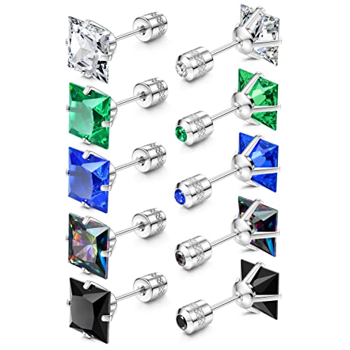 Fibo Steel 5 Pairs Titanium Screw Back Surgical Stainless Steel Stud Earrings For Women Men,Rainbow 5A Cubic Zirconia Studs Double Side Earrings Piercing Sleeper Studs Jewelry 6Mm Silver Square #TOP8
