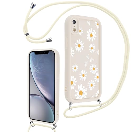 Vxinvnoi Funda Cuerda para iPhone XR 6,1", Aesthetic Flores Dibujos Mujer Carcasa Colgante Ajustable Correa Cordón Cadena Collar Case, Suave Silicona TPU Bumper Antichoque Cover para iPhone XR, Beige