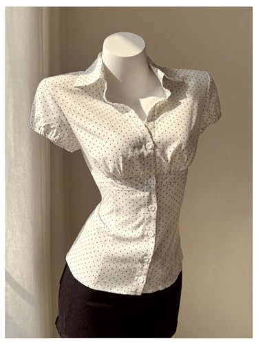 SOLY HUX Women's Polka Dots Button Down Shirt Short Sleeve Collar Fitted Blouse Tops Preppy Aesthetic Clothes3