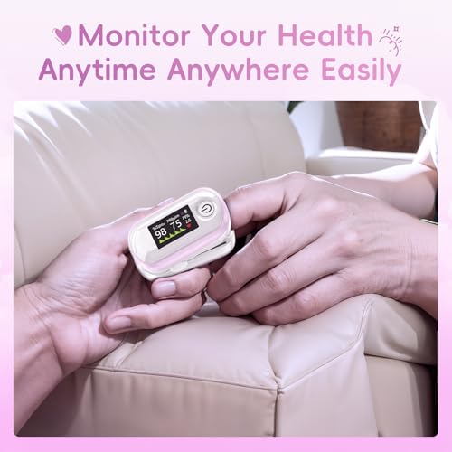 Image of Alecaremed Pulse Oximeter, 4 Color OLED Display Oxygen Monitor Fingertip with 20 x Memory, Blood Oxygen Saturation Monitor (SpO2), Alarm & Brightness Adjustable, Batteries & Lanyard (Pink)