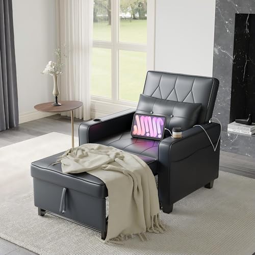 AILEEKISS 3 in 1 Convertible Chair Bed Sleeper Pull Out Leather Chair Bed Sofa with Cup Holders,USB & Type C Ports,Side Pockets Sleeper Single Sofa Couch for Livingroom,Apartment,Office(Black)