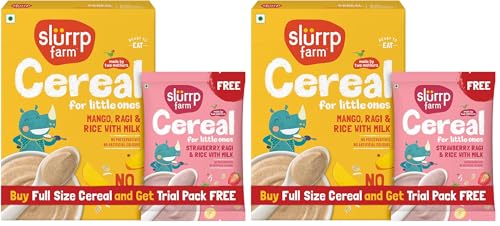 Image of Slurrp Farm No Added Sugar Instant Cereal | Ragi, Rice and Mango with Milk | Free Strawberry Cereal Trial Pack | 200g + Free 50g (Pack of 2)