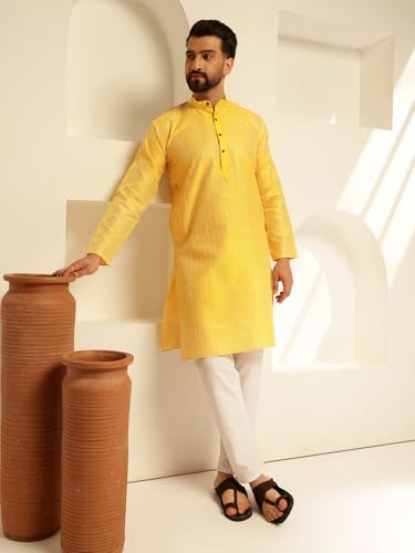 Image of SOJANYA (Since 1958 Men's Silk Blend Long Kurta with Subtle White Detailing | Traditional Ethnic Wear for Navratri