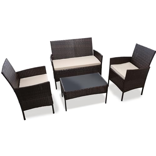 DIVCHI Juego de muebles de jardín de ratán para patio, invernadero, balcón, interior y exterior, 4 plazas, mesa auxiliar de cristal, sofá biplaza con cojines (marrón)