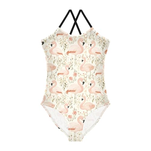 senya Girls Swimsuits One-Piece Swimwear Tie Bathing Suit Beach Summer Round Neck 7-8T Flamingo Flowers Pattern