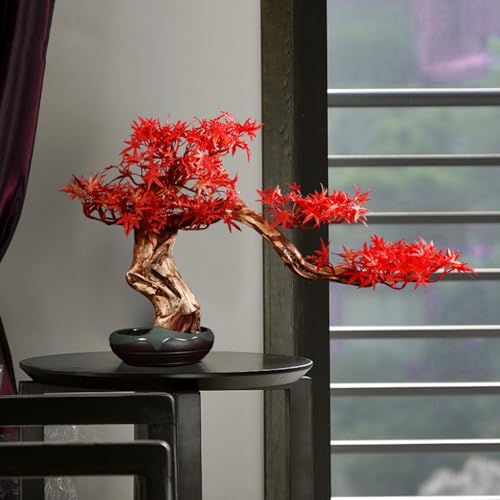 Hltdzer Fake Plants Maple Leaf Artificial Bonsai with Ceramic Vase Maple Faux Tree Modern Home...