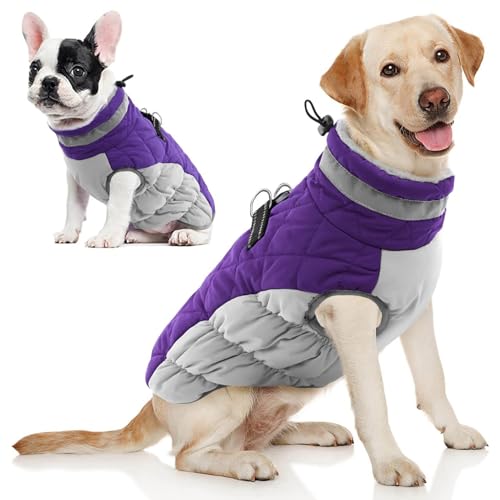 Image of AOFITEE Dog Coat, Warm Dog Winter Coat, Reflective Turtleneck Large Dogs Jacket with Harness Built in, Turtleneck Pet Winter Jacket, Waterproof Pet Snow Jackets Fleece Vest, Purple XL