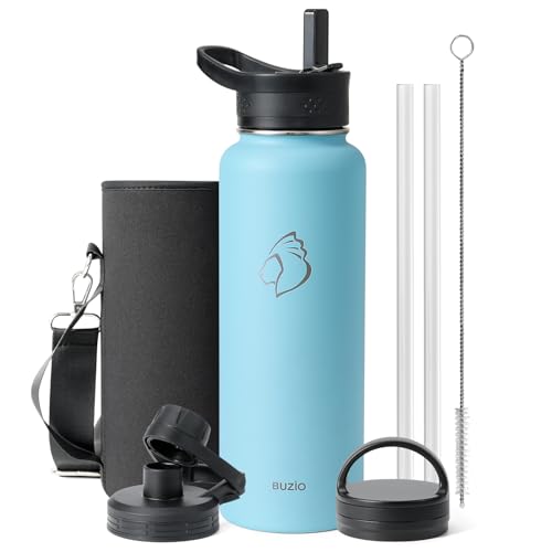 BUZIO 40 oz Water Bottle Insulated with Straw & 3 lid and Carrying Pouch, Leak Proof Anti-Slip Stainless Steel Water Flask Jug, Cold for 48 Hrs Double Vacuum Thermo Canteen, BPA-Free, Light 