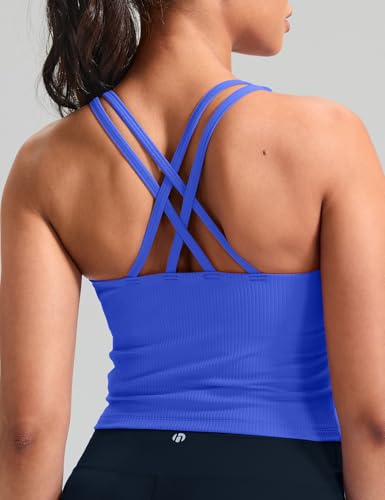 Image of HeyNuts Zeal Bras Longline Ribbed Medium Support Sports Bras, Crisscross Back Tank Tops with Removable Pads A-D Cups
