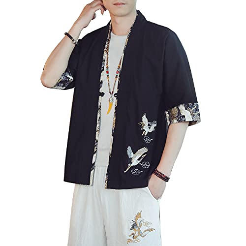 Image of PRIJOUHE Men's Kimono Jackets Cardigan Lightweight Casual Cotton Blends Linen Seven Sleeves Open Front Coat Outwear