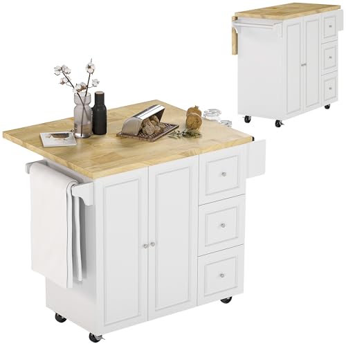 HOMCOM Drop-Leaf Kitchen Island on Wheels with Extendable Rubber Wood Worktop, Rolling Kitchen Storage Trolley, Utility Storage Cart with Drawers & Cabinet for Kitchen, Dining & Living Room, White