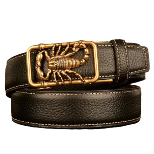 Men's Stitching Leather Ratchet Adjustable Belt Gold Animal Shape Sliding Buckle Vintage Engraved Dress Casual Strap