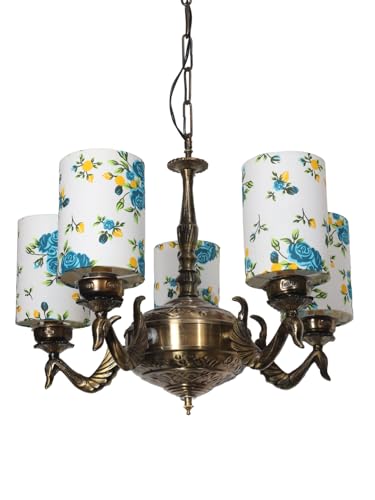Image of Devansh 05-Light Round Printed Multicolor Cotton Shade Chandelier - Antique Golden Finish | Adjustable Cord | Warm Glow Lamp - Ceiling Light for Living Room, Dining Area, BedroomDecor - D11
