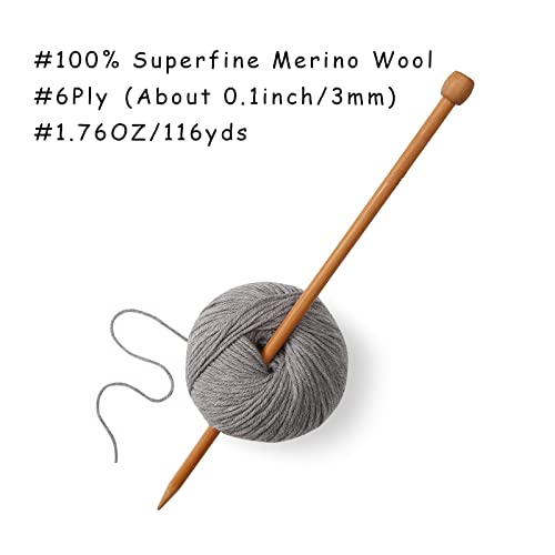 100% Merino Wool Yarn, 6-Ply Luxurious and Soft Yarn for Hand Knitting & Crocheting, 1.76 OZ/50g, 127 yds/116 Meters (Gray, 1 Ball)