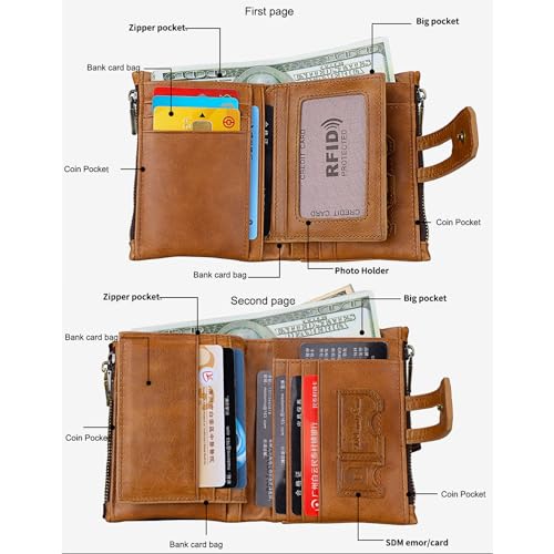 small Leather wallet women Bifold Compact Card Holder Zipper Pocket Wallet RFID Blocking Card Case Purse with ID Window(brown2)2
