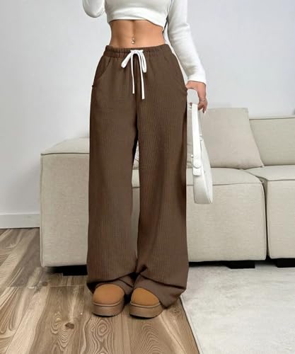 Image of Women's Trendy Korean Trouser with Pockets, Casual Corduroy Stretchable Baggy Loose || High Rise Elastic Waist Going Out Lounge Pants || Wide Leg Pants for Woman