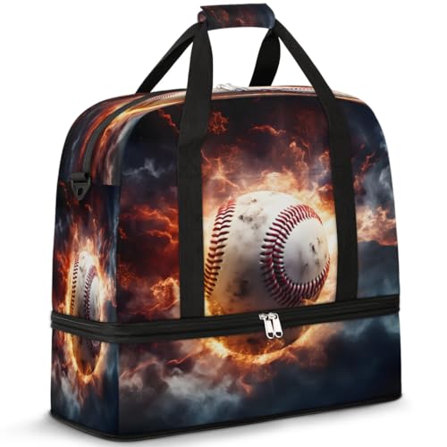 Travel Duffel Bags Flame Baseball Foldable Weekender Bags for Women with Shoes Compartment Waterproof & Tear Resistant Carry on Overnight Luggage Duffel Bag Shoulder Sports Tote Bag
