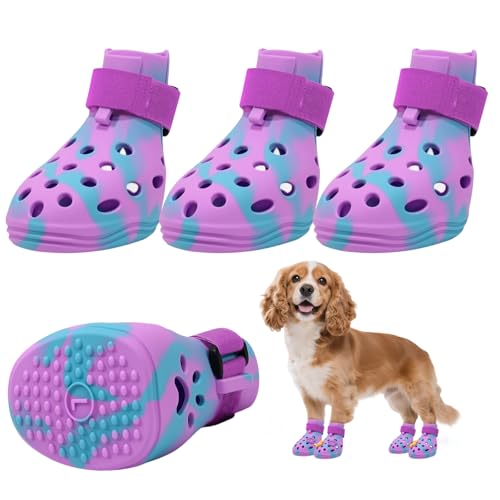 Dog Shoes for Hot Pavement, Adjustable Magic Tape Boots for Small, Medium & Large Dogs, Anti-Slip, Easy to Clean Paw Protectors for Beach, Outdoor & Hot Weather (Purple L)