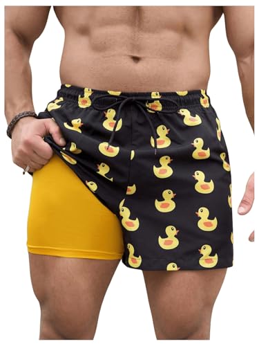 SHENHE Men's Swimming Trunks with Compression Lined Quick Dry Funny Swim Trunks Beach Shorts Black Small