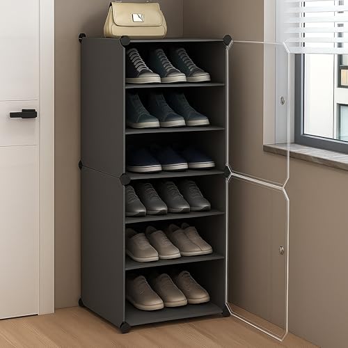 Image of AYSIS Plastic Shoe Rack for Home | 𝟔 𝐒𝐡𝐞𝐥𝐟 DIY Shoe Rack with Door for Home Storage Plastic Box Organizer, Metal Door Frame, Chappal Slipper Sandals Stand (Grey, 6-Shelf-2-Door)