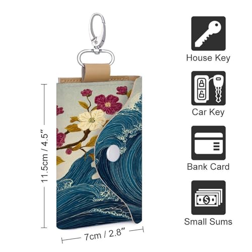 Cherry Tree Great Wave Key Holder Bag PU Leather ID Card Holder Keychains Case Cover for Men Women2