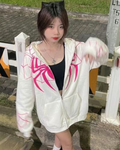 Image of Women's White Printed Hooded Sweatshirt with Front Zipper for Winter, Travel, Outdoor Outfit and Everyday Styling