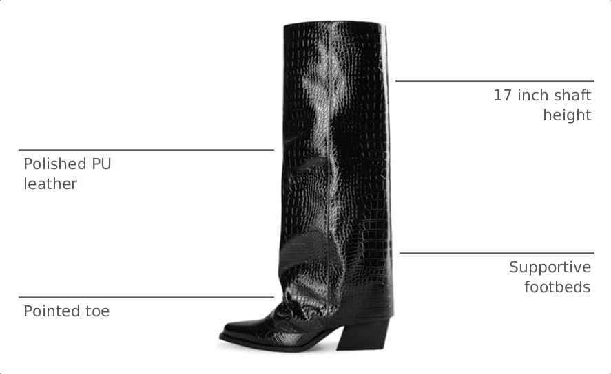 Image of Women's Fold Over Knee High Boots Wide Calf Chunky Heel Long Boots | Women Pointed Toe Tall Boots, Fashion Slouchy Boots, Side Zipper Shark Boots, Dress Tall Boots for Fall Spring Winter