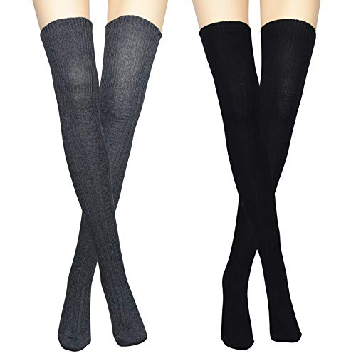 2 Pairs Extra Long Cotton Stripe Thigh High Socks Over the Knee High Cable Boot Stockings Knit Leg Warmers for Woman Daily Wear Cosplay (Black, Dark Grey)