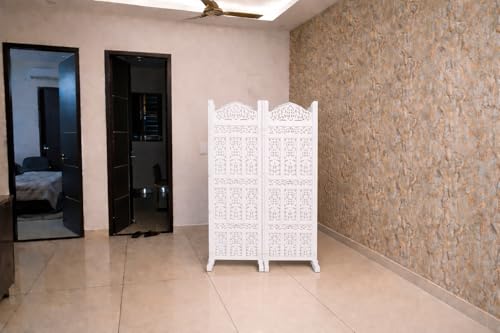 Image of Home & Goods International Wooden Room Divider Partition - Foldable Wood Screen Separator for Living Room, Bedroom, Office, Restaurant || Kangra Badrun Design, White (2 Panel with Stand)