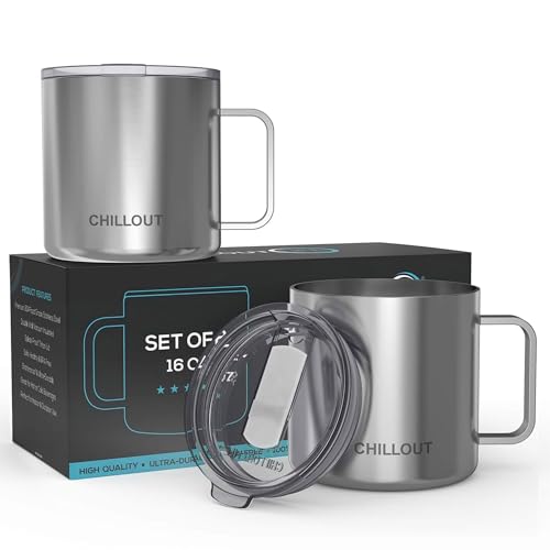 CHILLOUT LIFE Stainless Steel Vacuum Insulated Coffee Mug 16 oz (Set of 2) with Handle and Lid, Large Thermal Camping Coffee Mugs with Sliding Lid for Men & Women, Keeps Your Beverages Hot & Cold