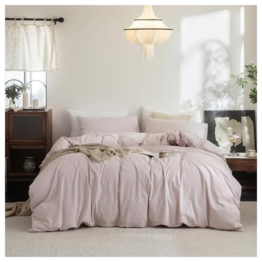 FOSSA Duvet Cover Set 100% Washed Cotton Linen Feel Super Soft Breathable Cozy 3 Pieces Bedding Sets Solid Greyish Pink Super Queen