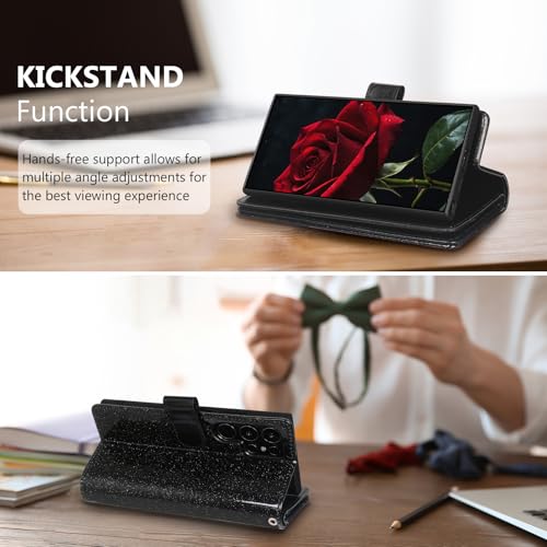 Varikke for Samsung Galaxy S24 Ultra Wallet Case Detachable with RFID Blocking Card Holder for Women, Glitter PU Leather Strap Wrist Magnetic Flip Removable Case for Galaxy S24 Ultra 6.8", Black by Varikke - Image 8