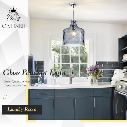 CATINER 16" Farmhouse Smoked Glass Pendant Light, Chrome Hanging Light by CATINER - Used condition - Image 9