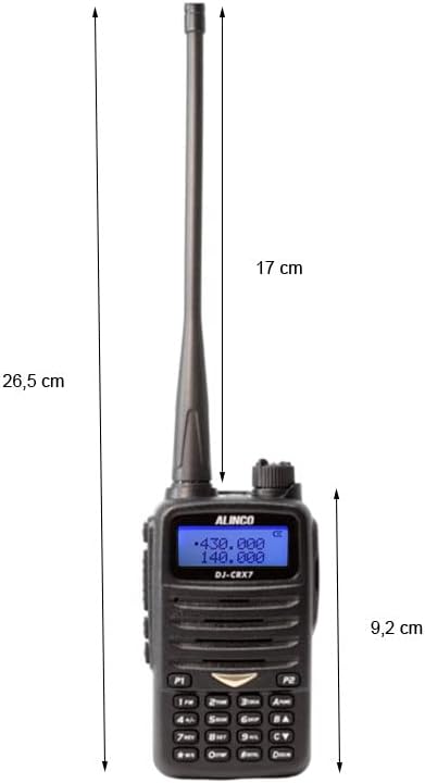 Voorkant view of the PNI Alinco DJ-CRX-7 portable radio with its antenna, showing overall dimensions.