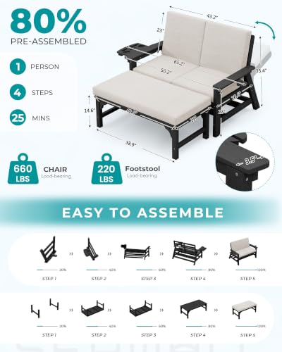Image of SERWALL 2-in-1 Convertible Sofa Daybed with Cushions & Ottoman Table Set | HDPE 4-Position Reclining Outdoor Patio Lounge Chair, 4-in-1 Cup Holder Daybed Sofa Furniture, Black Frame with Khaki Cushion