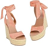 Espadrilles compensées à lacets avec bout ouvert et sangle de cheville pour femme, (Rose/orange.), 41 EU