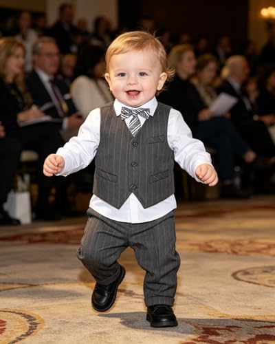 Image of Baby Boy Suits Formal Stripe Gentleman Tuxedo Suit Set Complete Dress Clothes Toddler Wedding Ring Bearer Outfit