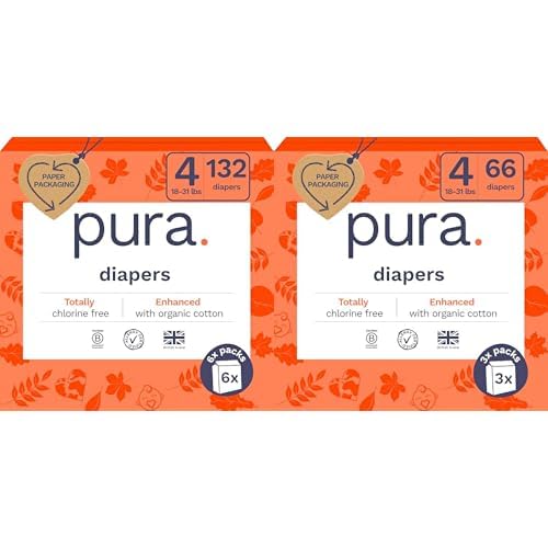 Image of Pura Sensitive Skin Baby Diapers | Size 4 (18-31 lbs) | Bulk, Hypoallergenic, Totally Chlorine Free, Fragrance Free, | 9 Packs of 22 (198 Diapers)