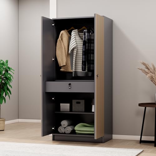 Image of Bniture Luxe 2 Door Wooden Wardrobe for Bedroom with Shelf & Lockable Drawer | Almirah for Clothes with Vertical Slatted Panels | Cupboard for Bedroom with Elevated Base | Grey & Giant Wood