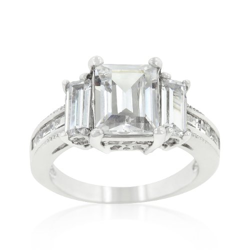 Kate Bissett Rhodium Plated Celebrity Engagement Ring With Large Emerald Cut Cz Triplet With More Round Cut Cz Size 10 #TOP2