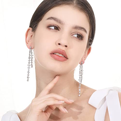 Wedding Earrings for Brides, Silver Earrings for Women, 18K White Gold Plated Sterling Silver Post Cubic Zirconia Dangle Earrings, Clear Crystal Hypoallergenic Chandelier/Tassel Earrings4