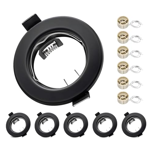 Round Black Recessed Ceiling Downlight Frames with GU10 Sockets, 55-70mm Cut-Out Hole Size, Compatible with LED & Halogen Bulbs, Mounting Frame for Spotlight Fixtures (Bulbs Excluded) - 6 Pack